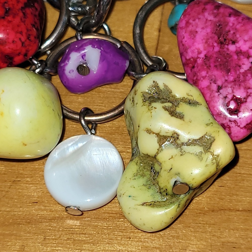 Vintage Multicolor Dyed Stone Mother of Pearl Loaded Charm Bracelet 8in 43.7g